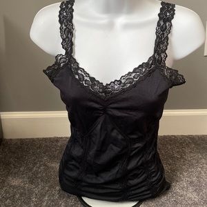 Small medium tight black lace beater Snatch spandex Cami undershirt blouse tank